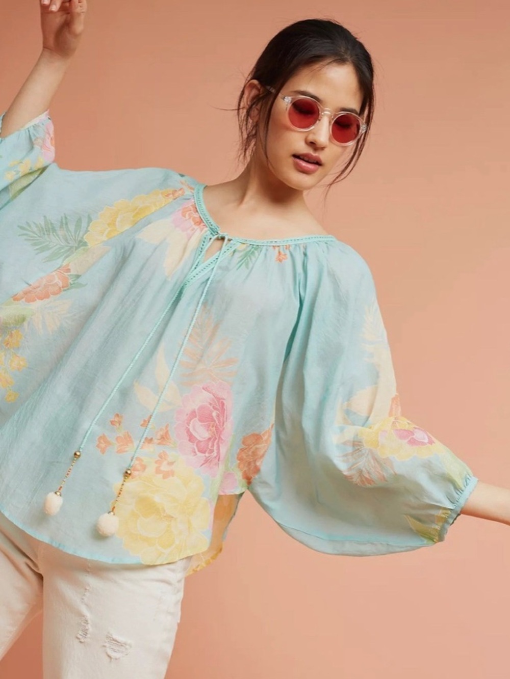 FARM Rio Aqua Floral Tie-Front Peasant Blouse